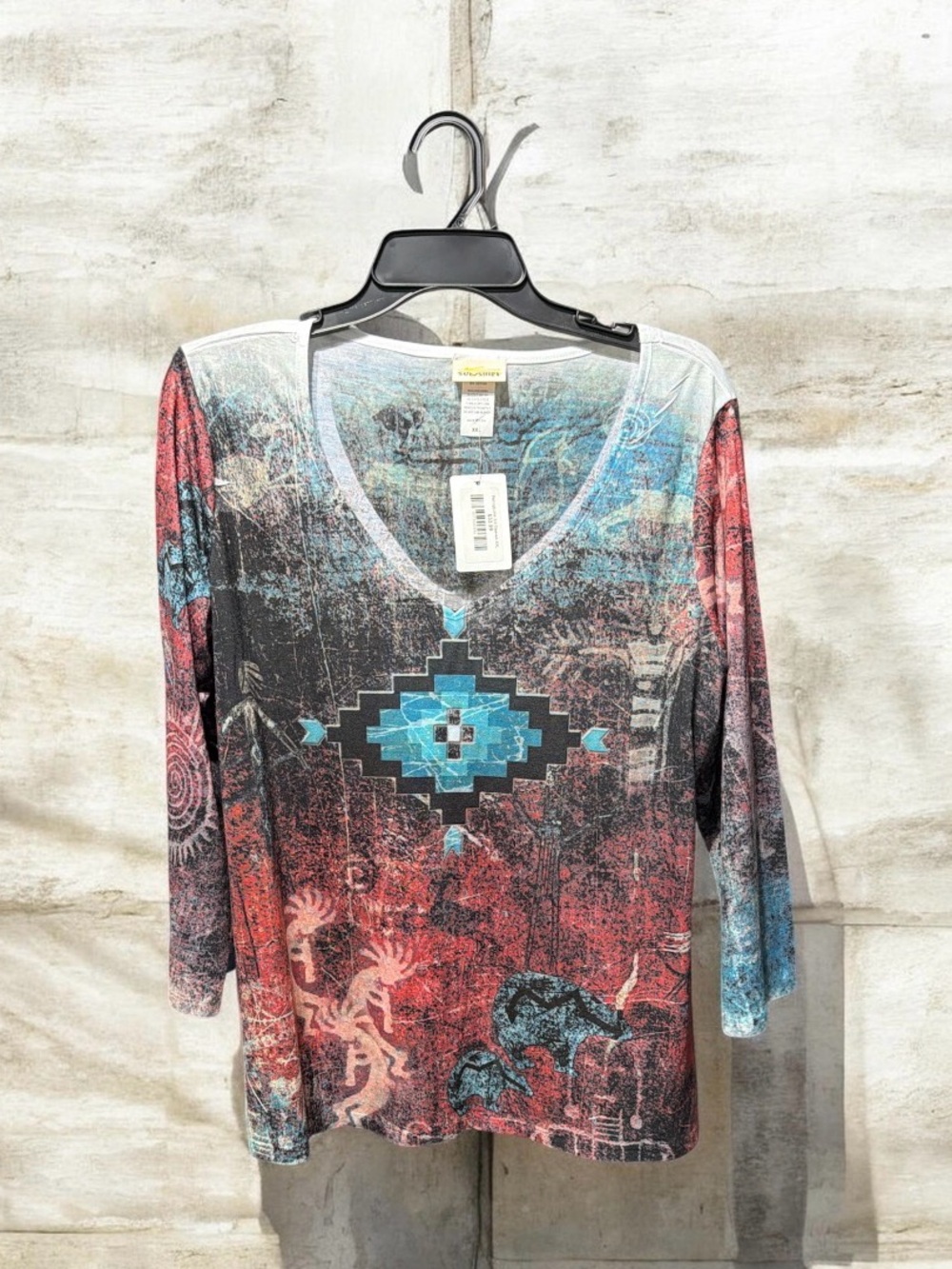 Sunshirt Petroglyphs 3/4 Sleeve Southwestern V-Neck Top XXL NWT